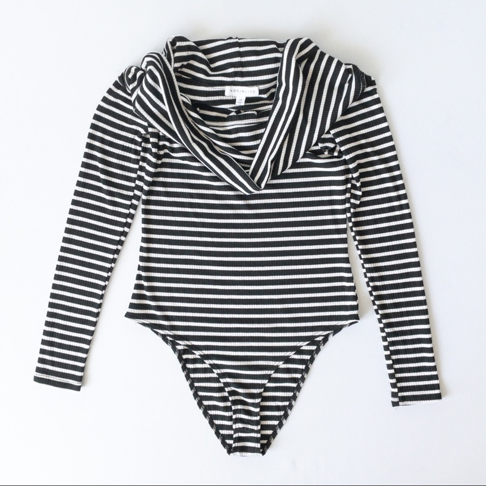 Socialite Black Stripes Cowl Neck Knitted Long Sleeves Bodysuit, XS